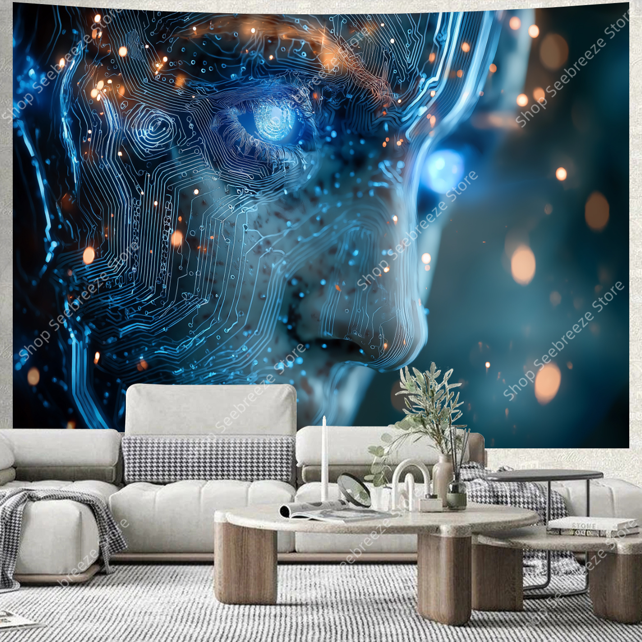 Tech Office Wall Decor - Cyberpunk Circuit Board Tapestry Blue Orange